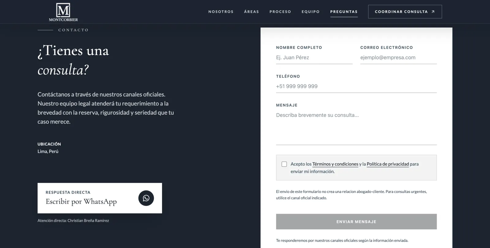 Sección de contacto de Montcorbier con formulario de consulta y acceso a WhatsApp