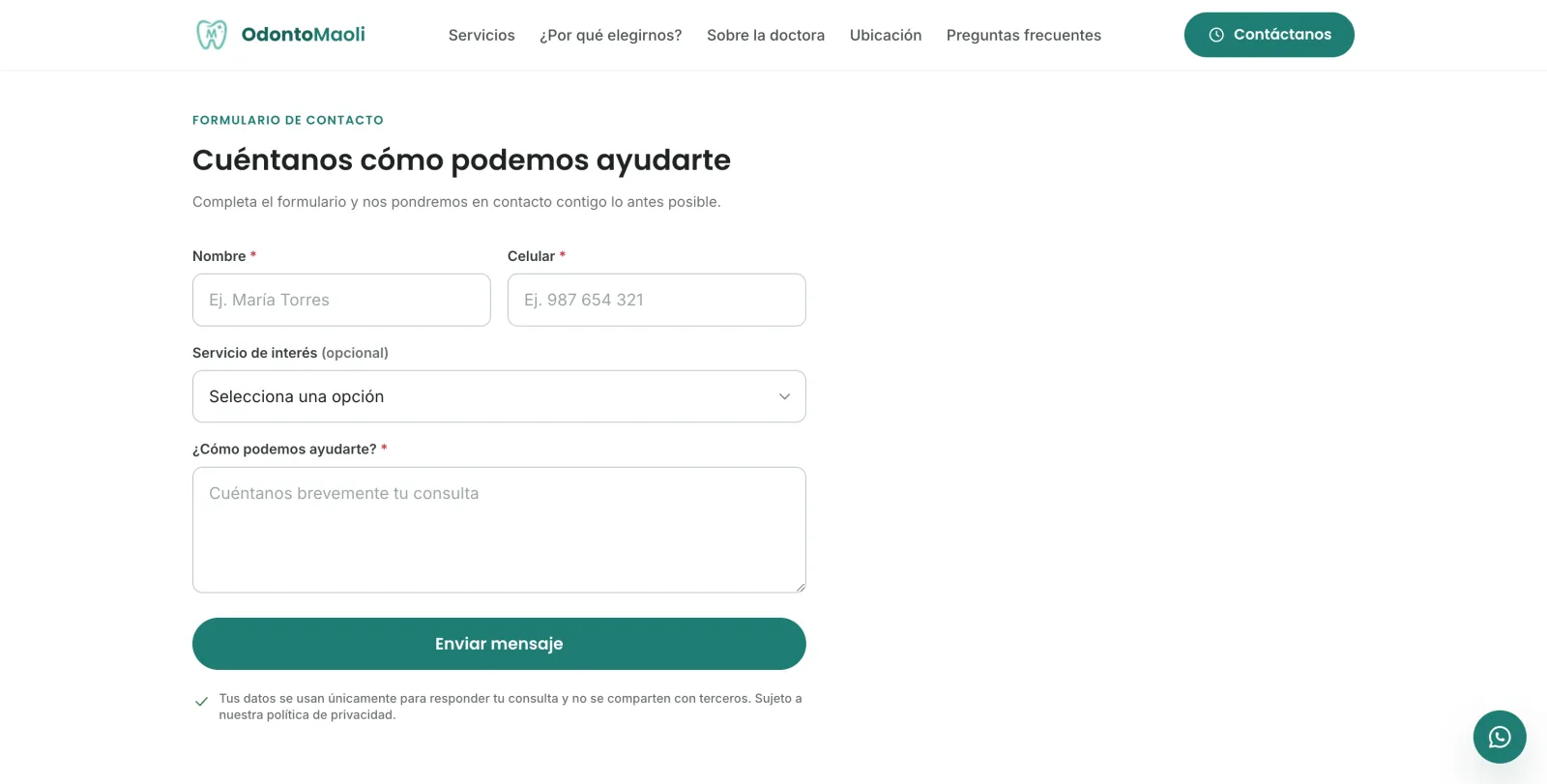 Formulario de contacto de OdontoMaoli con campos de nombre, celular y servicio de interés