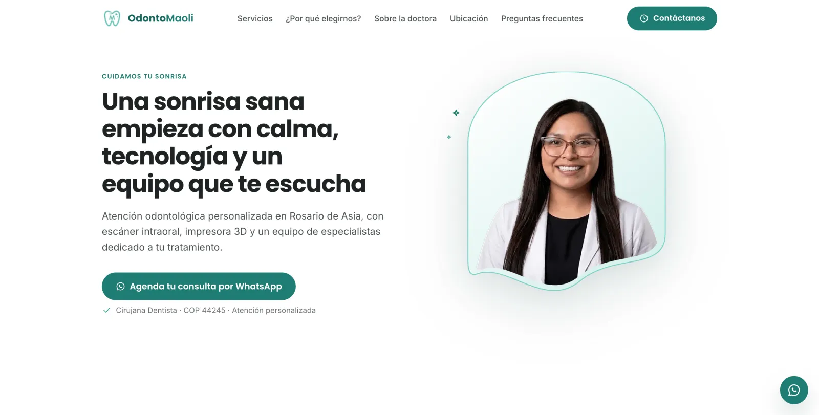 Portada del sitio de OdontoMaoli con el titular "Una sonrisa sana empieza con calma, tecnología y un equipo que te escucha"