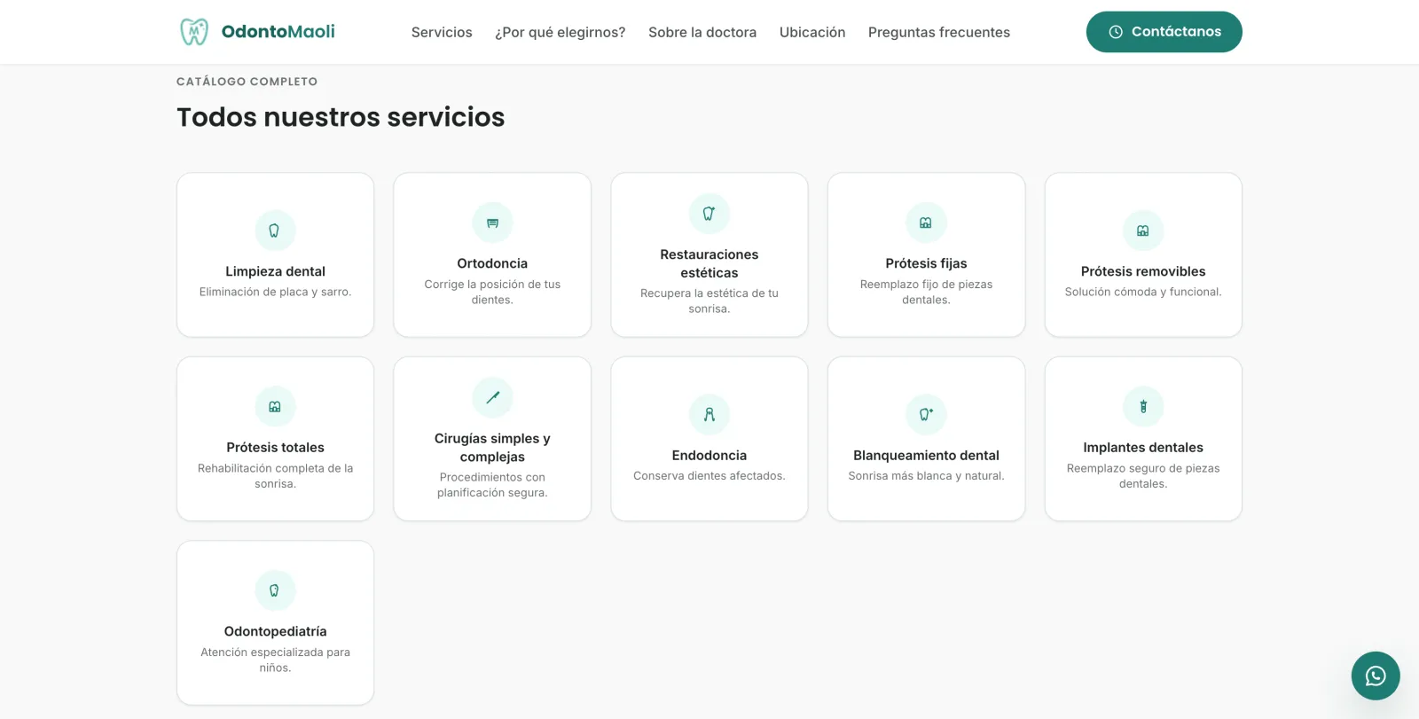 Catálogo de servicios de OdontoMaoli con once tratamientos, desde limpieza dental hasta odontopediatría