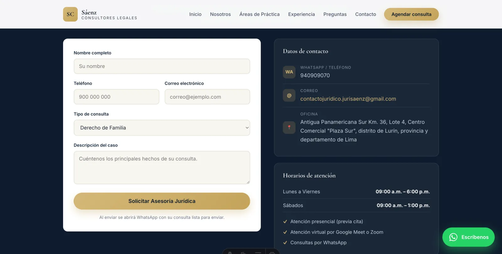 Formulario de contacto de Sáenz Consultores Legales junto a los datos de la oficina y los horarios de atención
