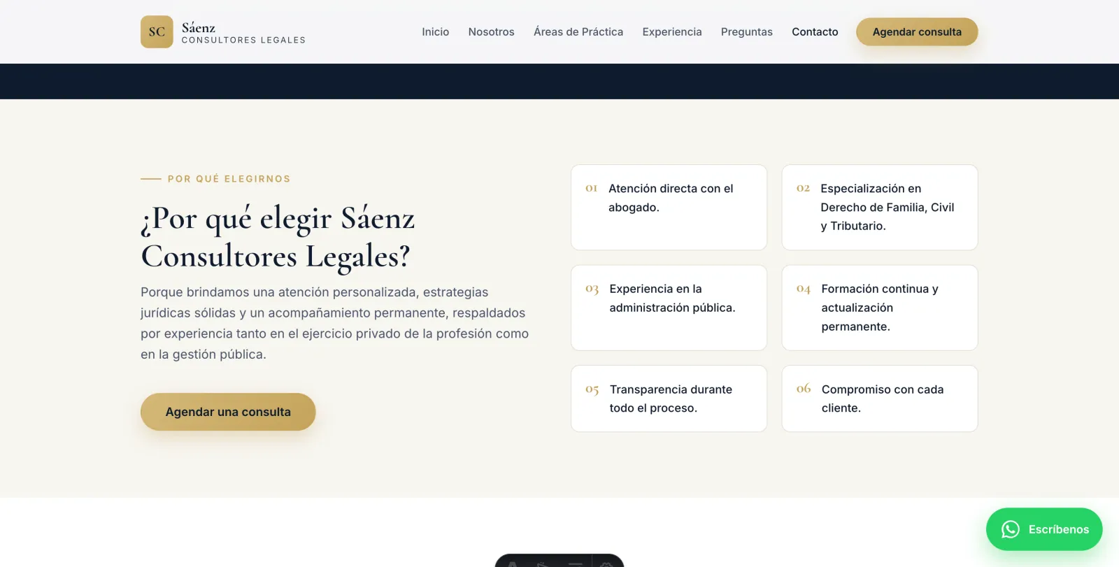 Sección "¿Por qué elegir Sáenz Consultores Legales?" con seis razones numeradas